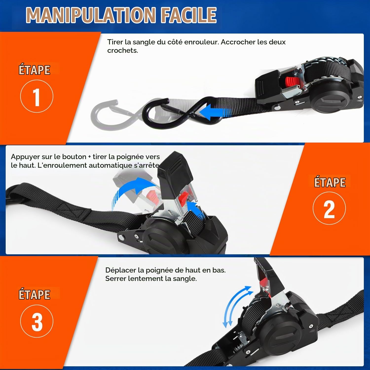 Lot de 4 Sangles à cliquet Automatique 3m x 25mm avec Crochets en S | 750kg Charge de Rupture | D'arrimage à rétraction Automatique pour Moto, remorque, Camion - Noir