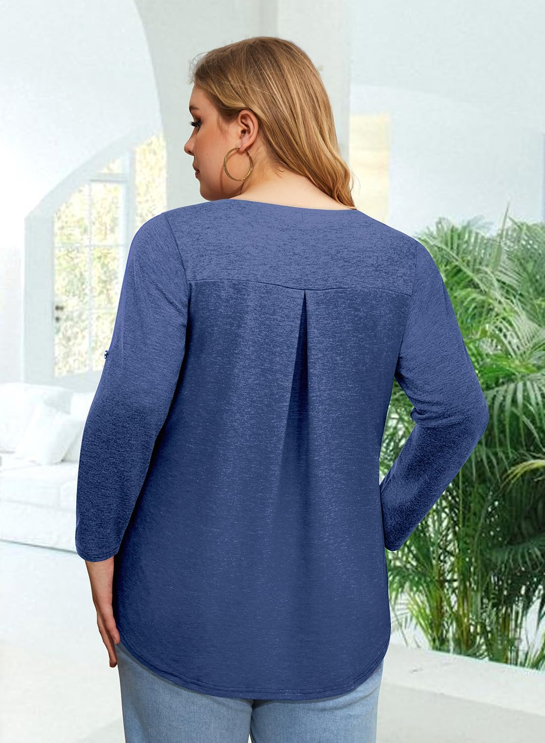 Siddhe Women's Plus Size Summer Tops 3/4 Sleeve Blouses Tunic Tops V Neck Casual Shirts 2024 Work Shirts for Plus Women Business Navy Blue XL - Image 3