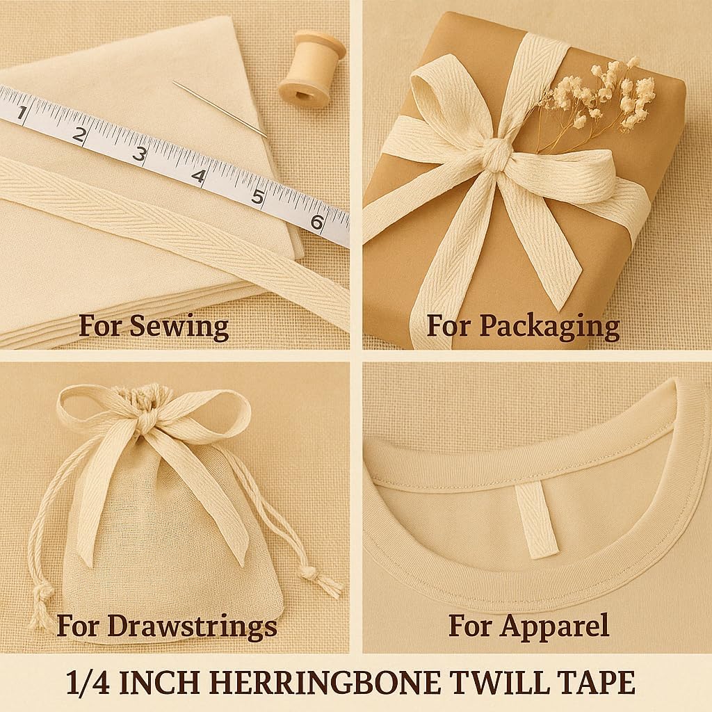 1/4 Inch Natural White Cotton Herringbone Webbing Tape - 100 Yards Bulk Roll for Gift Wrapping, Tags, Bias Binding, Sewing, Book Binding, Handles for DIY Crafts, Clothing & Packaging