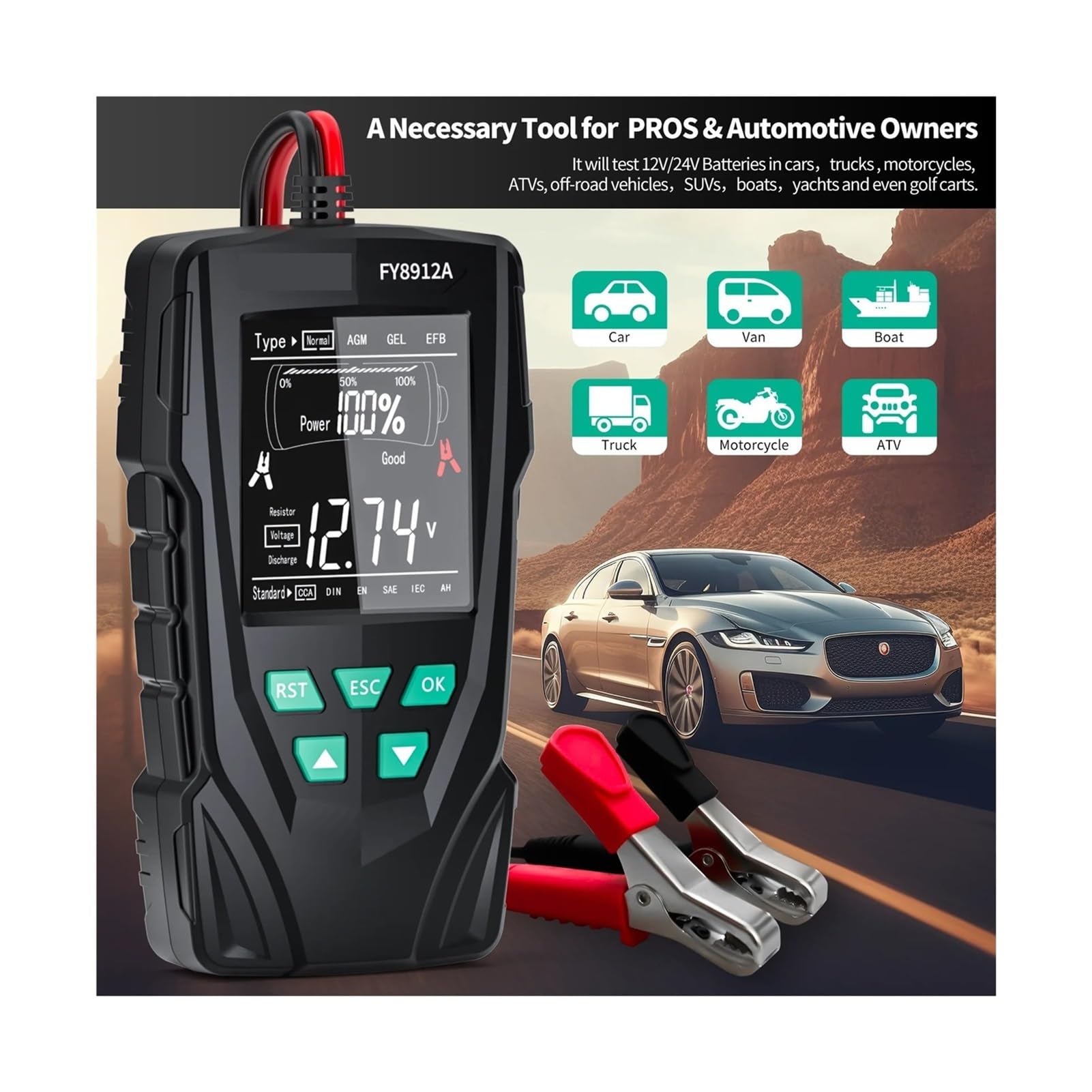 Comprobador de baterias Probador de batería de Coche FY8912A, 12 V/24 V, for monitoreo de batería de Coche, Motocicleta, camión, comprobador de Carga y Capacidad de batería.(FY8912B)