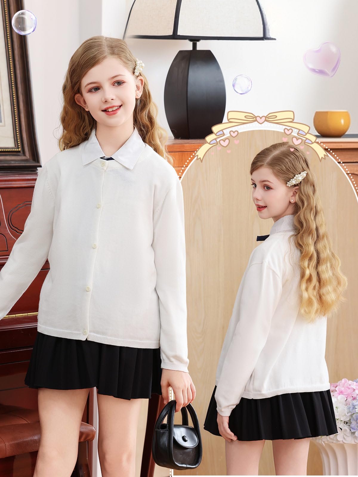 Soudittur Strickjacke Mädchen Basic Kinder Cardigan Lange Ärmel Baumwollstrickpullover Schuluniform mit Knöpfen 110-160