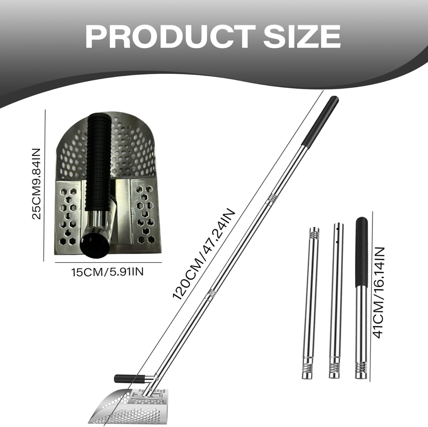 47.2" Long Handle Sand Scoop, Stainless Steel Metal Detector Shovel, 3-Section Detachable Sand Flea Rake for Beach Treasure Hunting