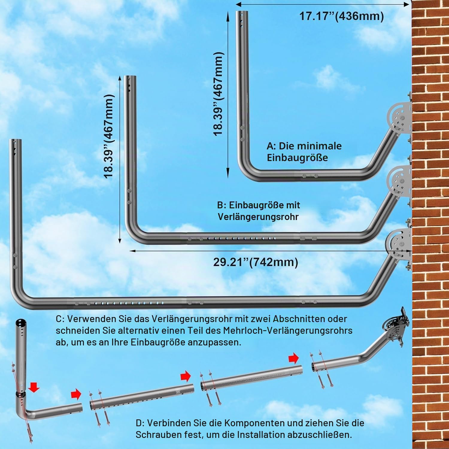 Langer Wand-Antennenhalter - Langer Dachrinnenstab mit 90° Winkel, Verlängerungsrohr, Verbindungsadapter und Schrauben. Perfekt für externe TV-Antennen (Silber)