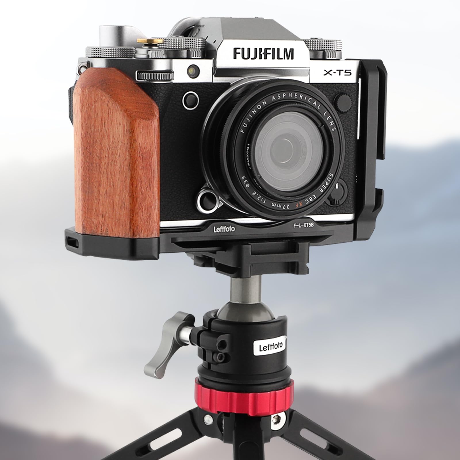 LEFTFOTO X-T5 Retro-Handgriff L-förmiger Halterungsgriff mit Holzgriff für Fuji XT5-Kamera, mit abnehmbaren vertikalen seitlichen Schnellwechselplatten, mit Arca-Schnellwechselplatte, mit Auslöser