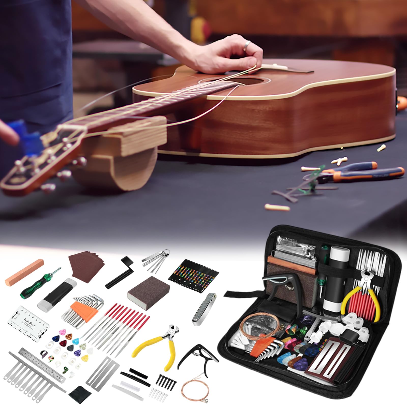 99 szt. zestaw narzędzi do naprawy gitary wielofunkcyjny zestaw naprawczy gitary z torbą do przechowywania akustycznych gitar elektrycznych basowych banjo