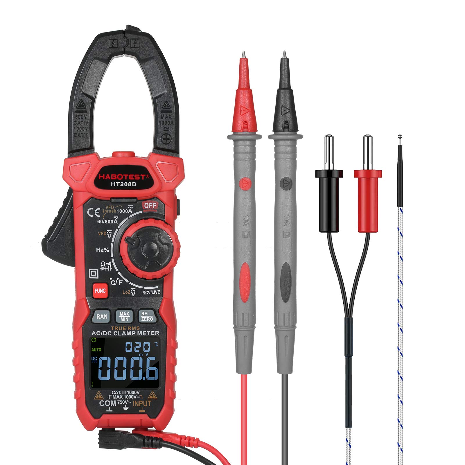 Domary Pinza Amperimétrica Digital de HABOTEST con Función de Corriente Entrada para Uso Profesional Tamaño Mandíbula 40 Mm Negro y Rojo 1 Unidad