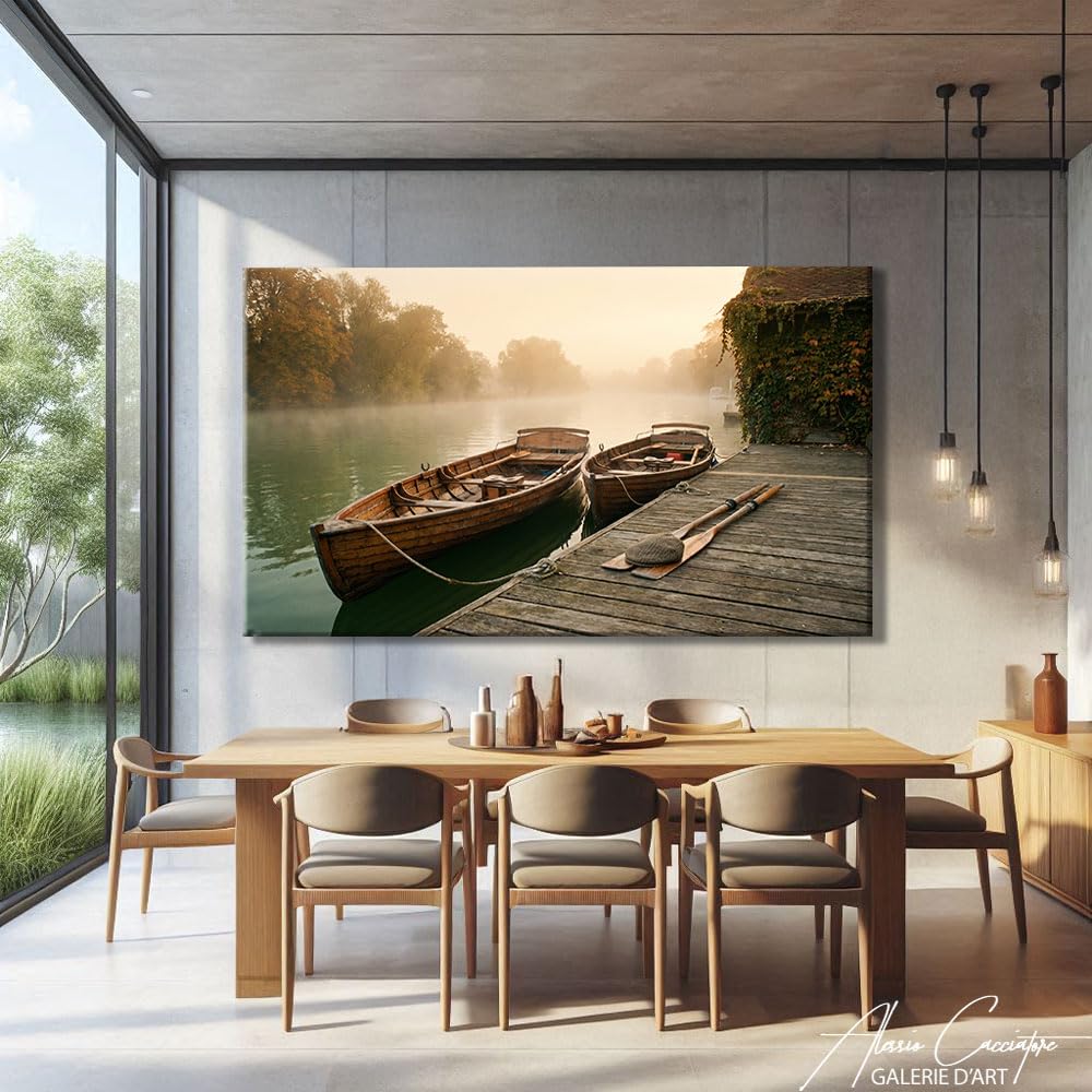 Alessio Cacciatore Quadro con foresta nebbiosa, poster decorativo da parete, barca, stampa su tela, paesaggio naturale, dipinto lago, decorazione da parete, tela decorativa, grande formato, 120 x 80