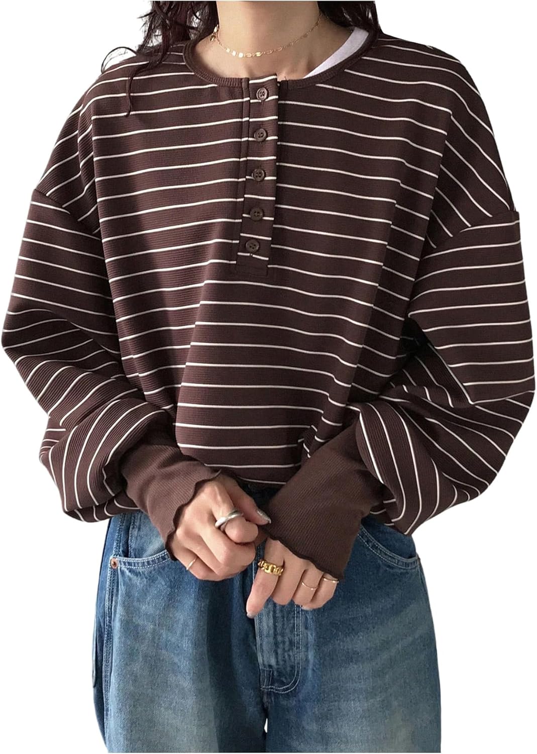 Women's Oversized Striped Tshirts Button Up Long Sleeve Top Crewneck Drop Shoulder Tee