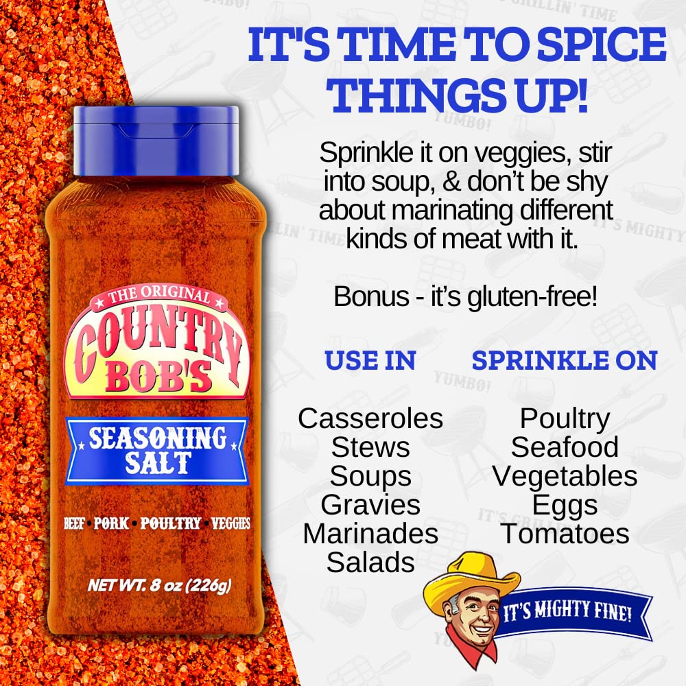 Country Bob's Seasoning Salt - All Natural Season Salt for Dry Rub, Marinade, Cooking Salt, Grill Salt - All Purpose Flavored Salt for Beef, Pork, Chicken, Fish, and Vegetables - 8oz (Pack of 6)