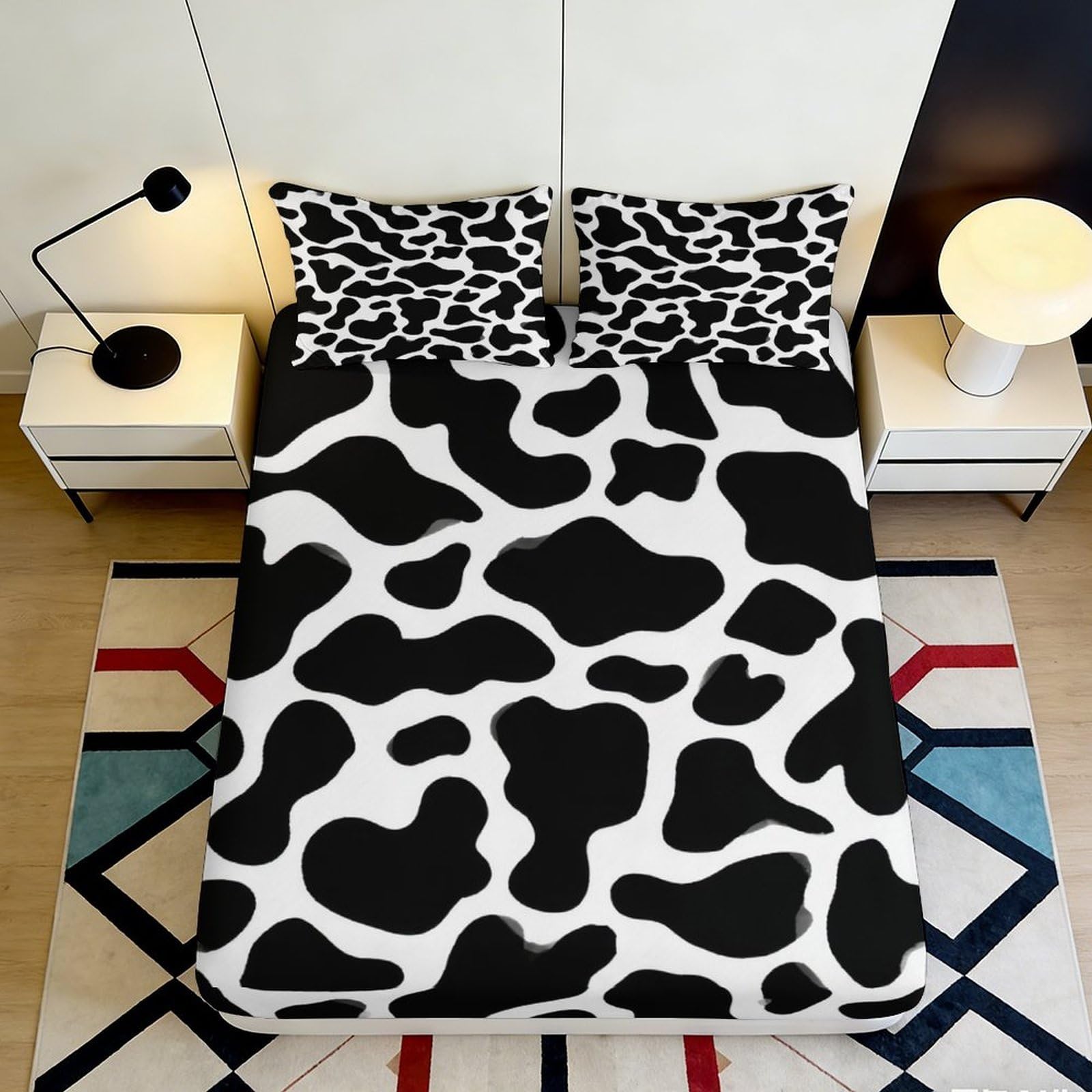 C8q5l1t3 Style-4 3D Printed Cow Pattern Fitted Sheet Microfiber Deep Pocket Non-Slip Bedroom Bedding Cow Print Mattress Fitted Cover Washable For All Ages 180X200x25cm