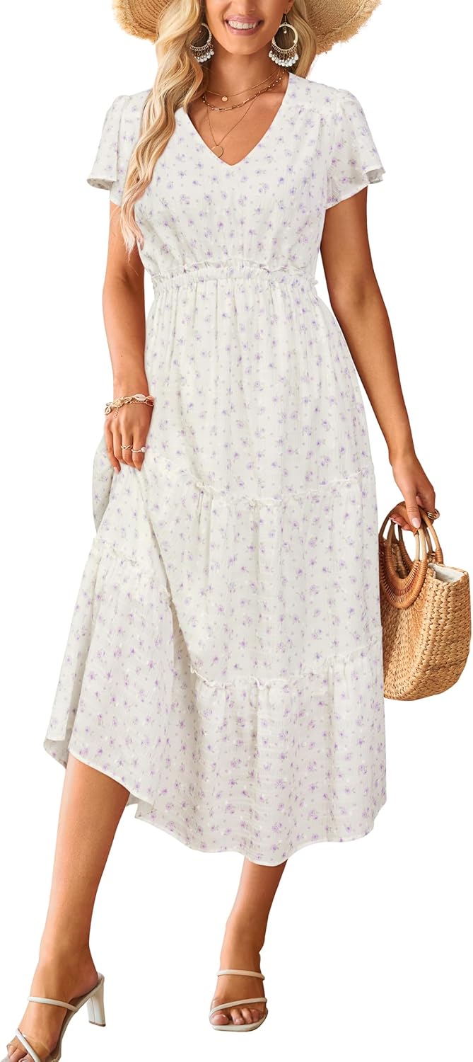 VOTEPRETTY Women's 2025 Summer Boho Maxi Dresses Flutter Short Sleeve V Neck Casual Beach Wedding Guest Vacation Long Dress