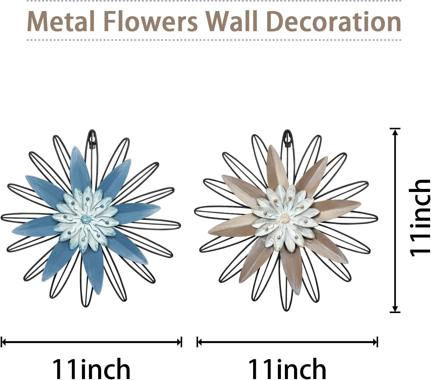 LIFFY Metal Flowers Wall Arts, 2 Pieces 3D Minimalist Flower Wall Decor for Living Room, Bedroom, Sunroom and Outdoor Spaces, Housewarming Gifts(11", blue&khaki)