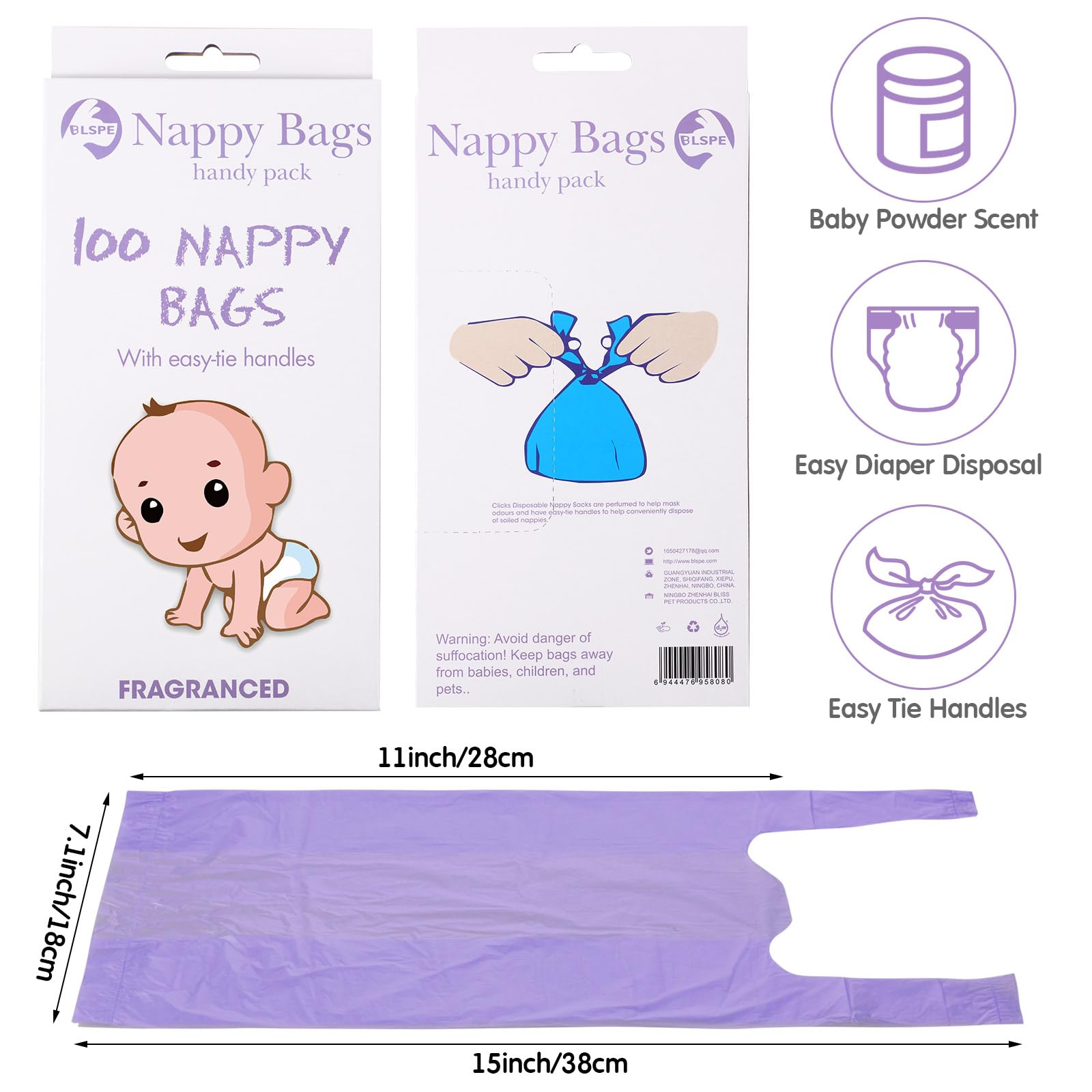 1600 bolsas de pañales desechables para bebé, bolsas de pañales perfumadas con asa de corbata, bolsas de basura para desechar, bolsas de basura para caca de bebé (morado)