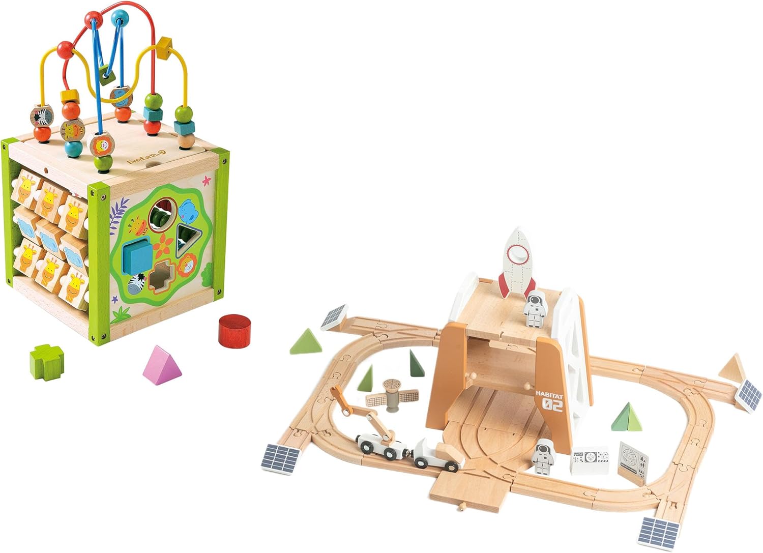 5 in 1 Wooden Activity Cube with Bead Maze Wood Play Center, and Mars Station Wood Train Track Set 39pcs