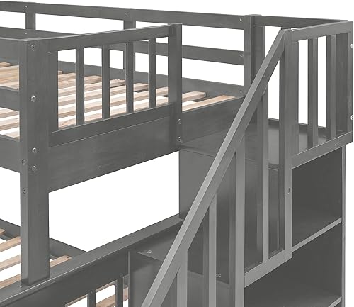 Miniatura 110 de Merax Litera de escalera individual sobre matrimonial con nido, escalera de almacenamiento y barandilla de longitud completa, litera de