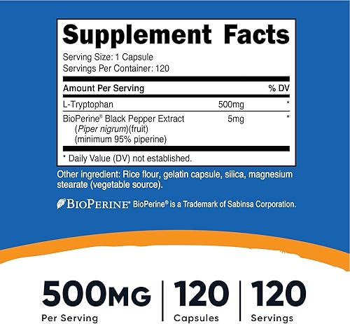 Miniatura 14 de Nutricost L-triptófano 500 mg, 120 cápsulas - con bioperina, sin gluten, sin OMG