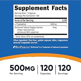 Nutricost L-Tryptophan 500mg, 120 Capsules (2 Bottles)