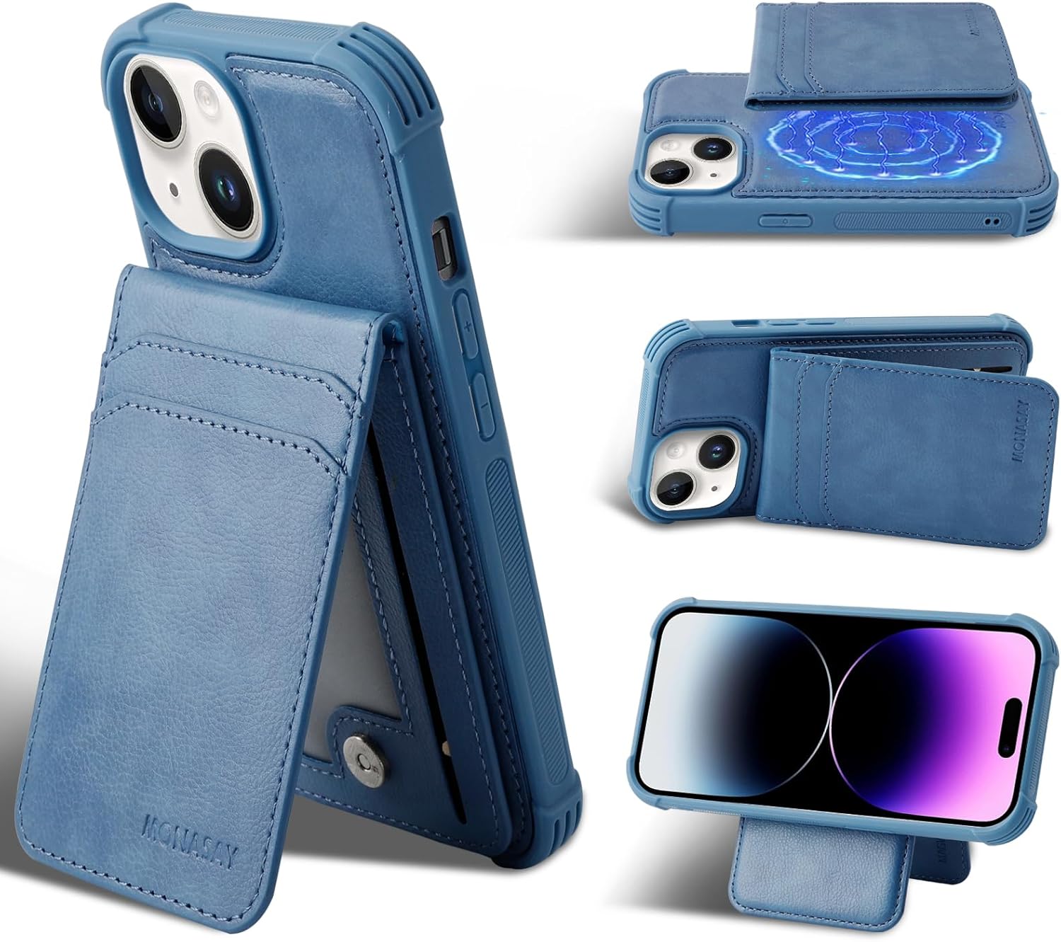 MONASAY Magsafe Wallet Case Compatible for iPhone 15 Plus 6.7 inch, [Supports Wireless Charging] [Screen Protector] Magnetic Leather Phone Cover with Detachable RFID Blocking Card Holder, Light Blue