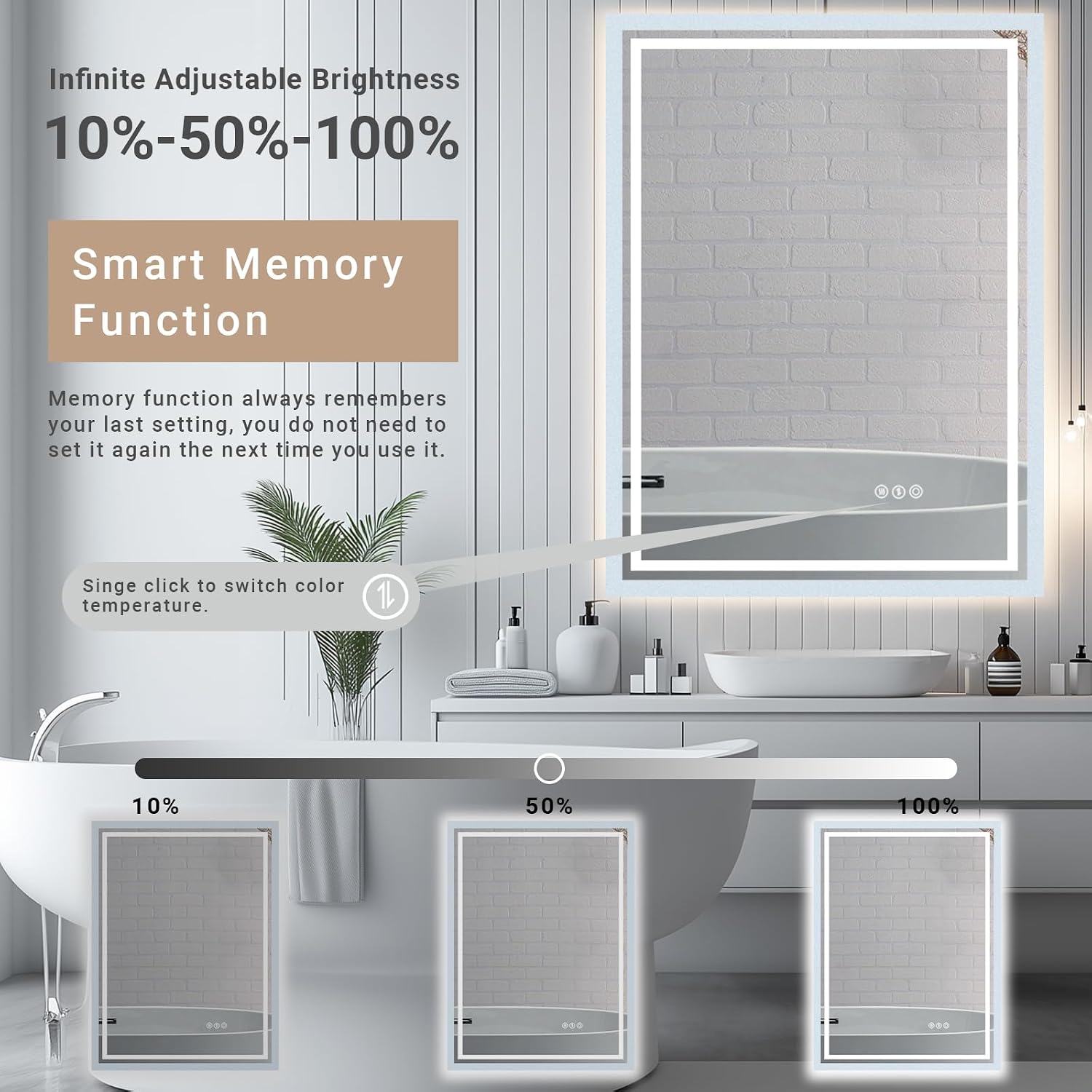 24"x 32" LED Bathroom Mirror with Stepless Dimmable, Backlight Wall Mirrors with Anti-Fog Bathroom Digital Mirror for Wall, 3 Color Modes, Memory Function Smart Mirror