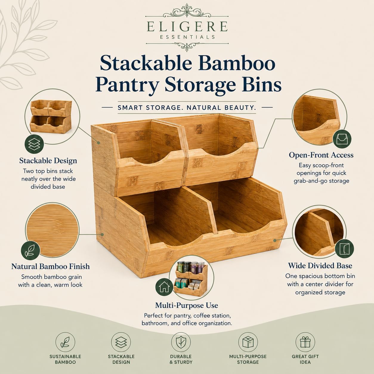 3 Piece Stackable Bamboo Pantry Storage Bins, Potato and Onion Storage, Fruit & Vegetable Container Baskets for Kitchen Countertop, Easy Front Access, Multipurpose organization