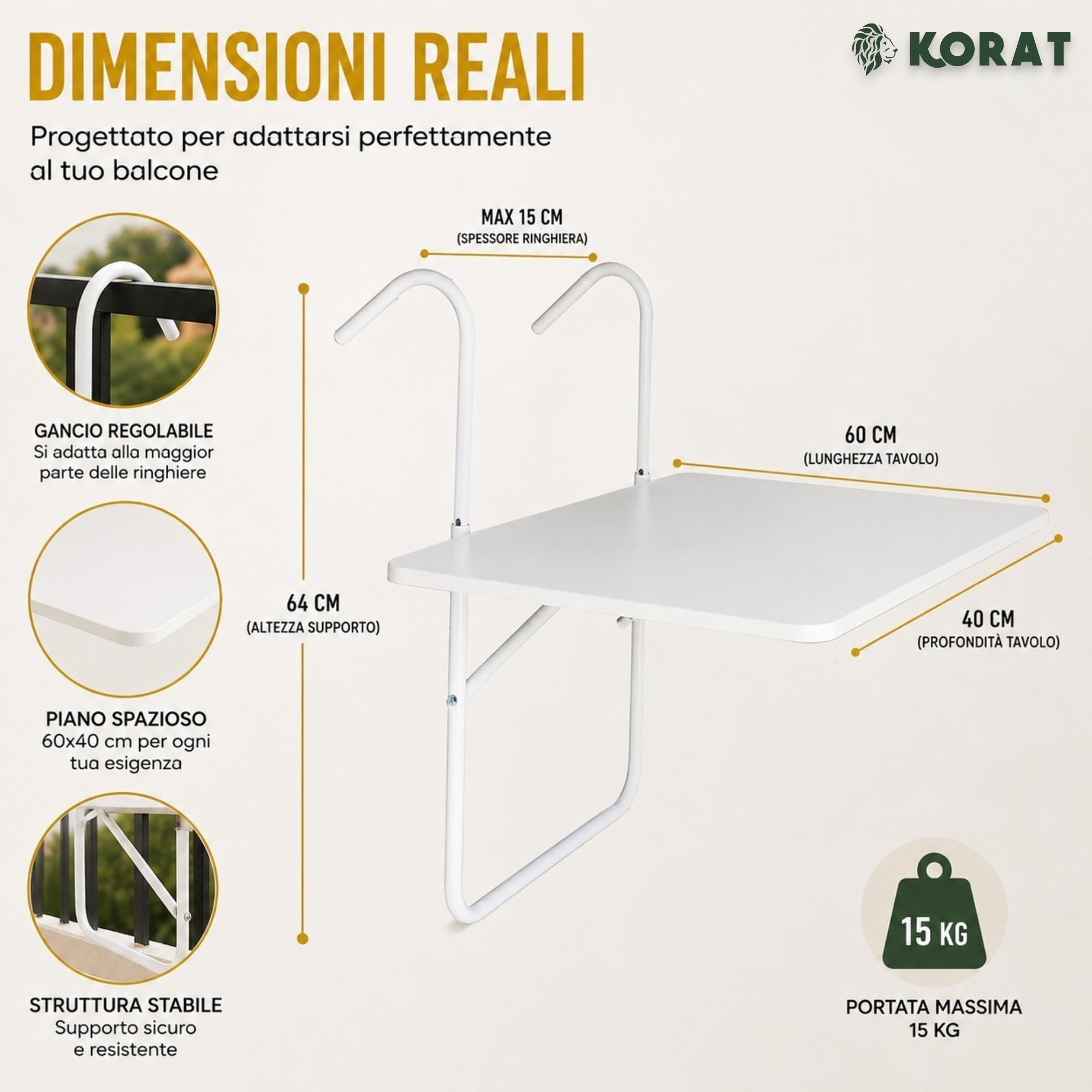 KORAT - Tavolo da Balcone Sospeso 60x40 cm, Tavolino Pieghevole da Ringhiera con Ganci Regolabili fino a 15 cm, Portata 15 kg, Tavolo Salvaspazio per Balcone, Terrazzo e Giardino