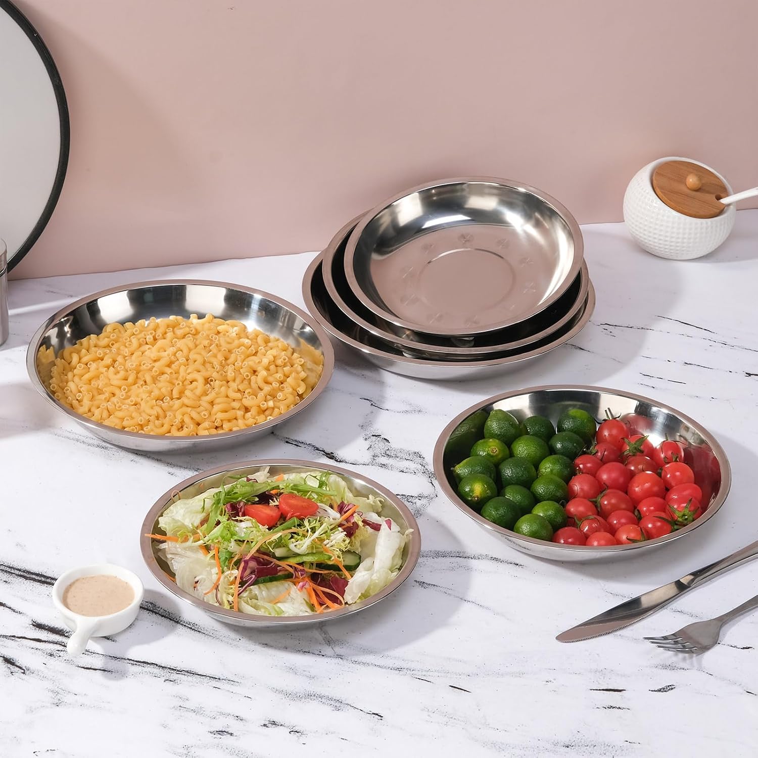 5 pack 8 Inch Stainless Steel Plates Indian Metal Dinner Dish with Lip Edge Stackable Round Camping Tray for Salad Appetizer BBQ