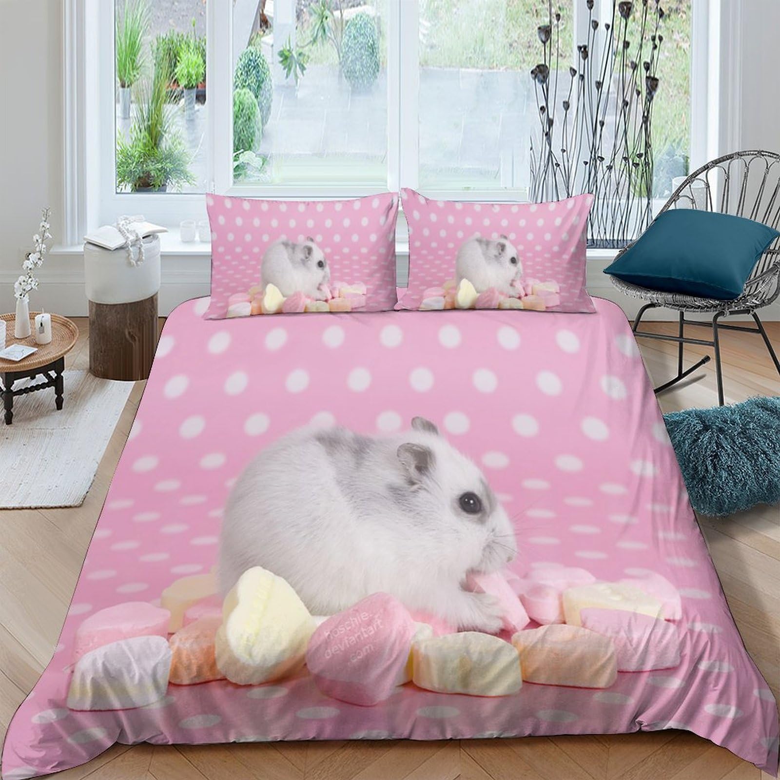 GPLZQXKJNH 3D Printed Cute Hamster Duvet Cover Microfiber Pink Polka Dot Bedding Set with 2 Pillowcases for Bedroom Decor Single（135x200cm）