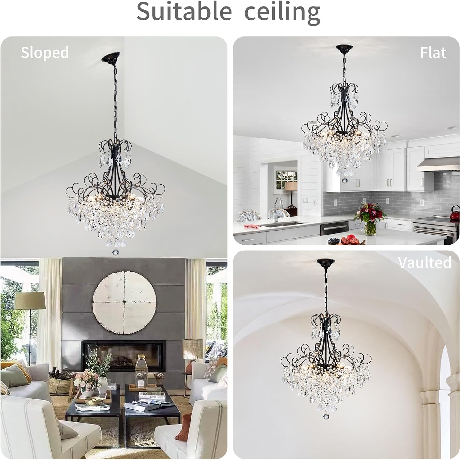 WUZUPS Crystal Chandelier 10-Light Pendant Ceiling Light Modern Lighting Fixture for Dining Room Hallway Bedroom Kitchen Bathroom, H 27.6" x W 22.8", E12 Base, Black