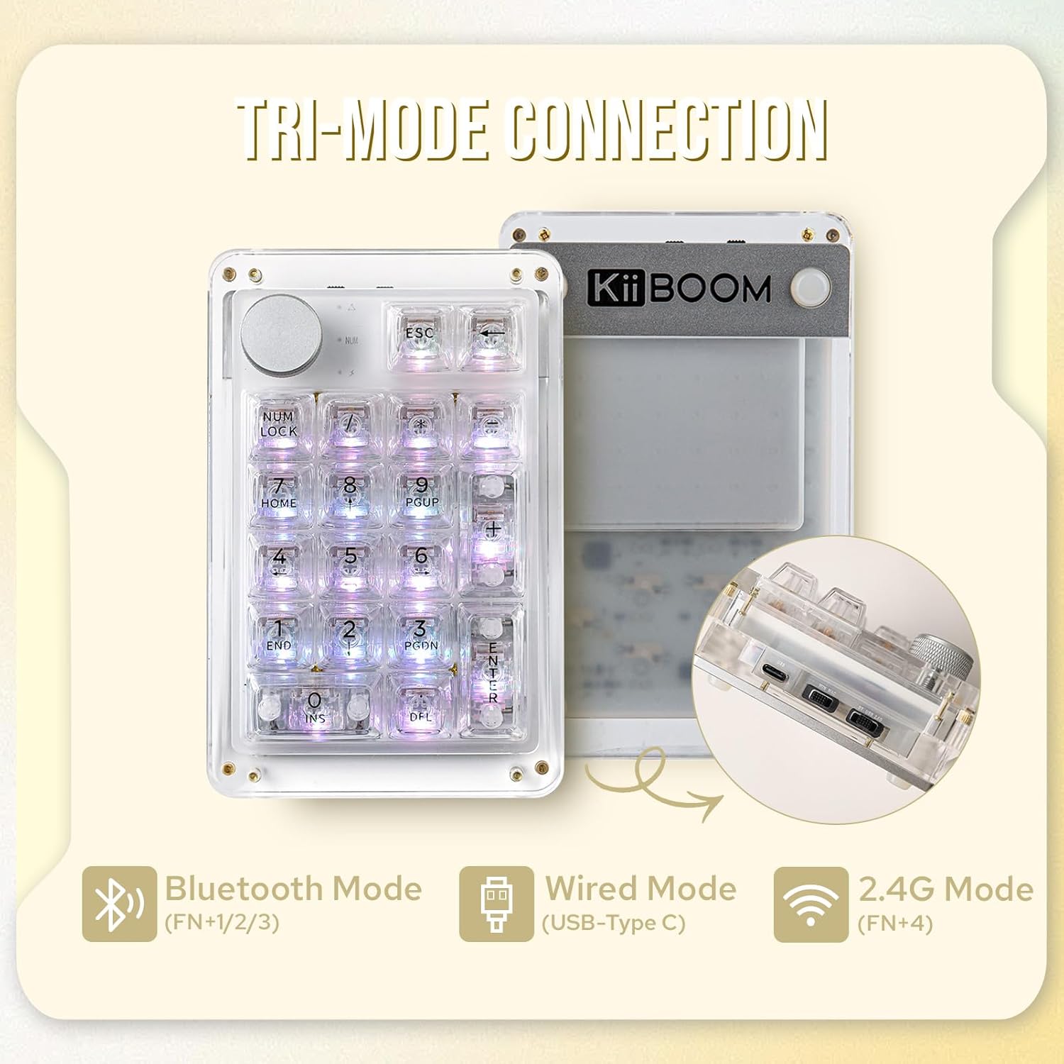 KiiBoom Phantom 21 Hot Swappable Crystal Acrylic Numpad, BT5.0/2.4GHz/USB-C Triple Mode NKRO Programmable Numeric Keypad with Knob, South-Facing RGB, 1900mAh Battery for Win/Mac (Clear)