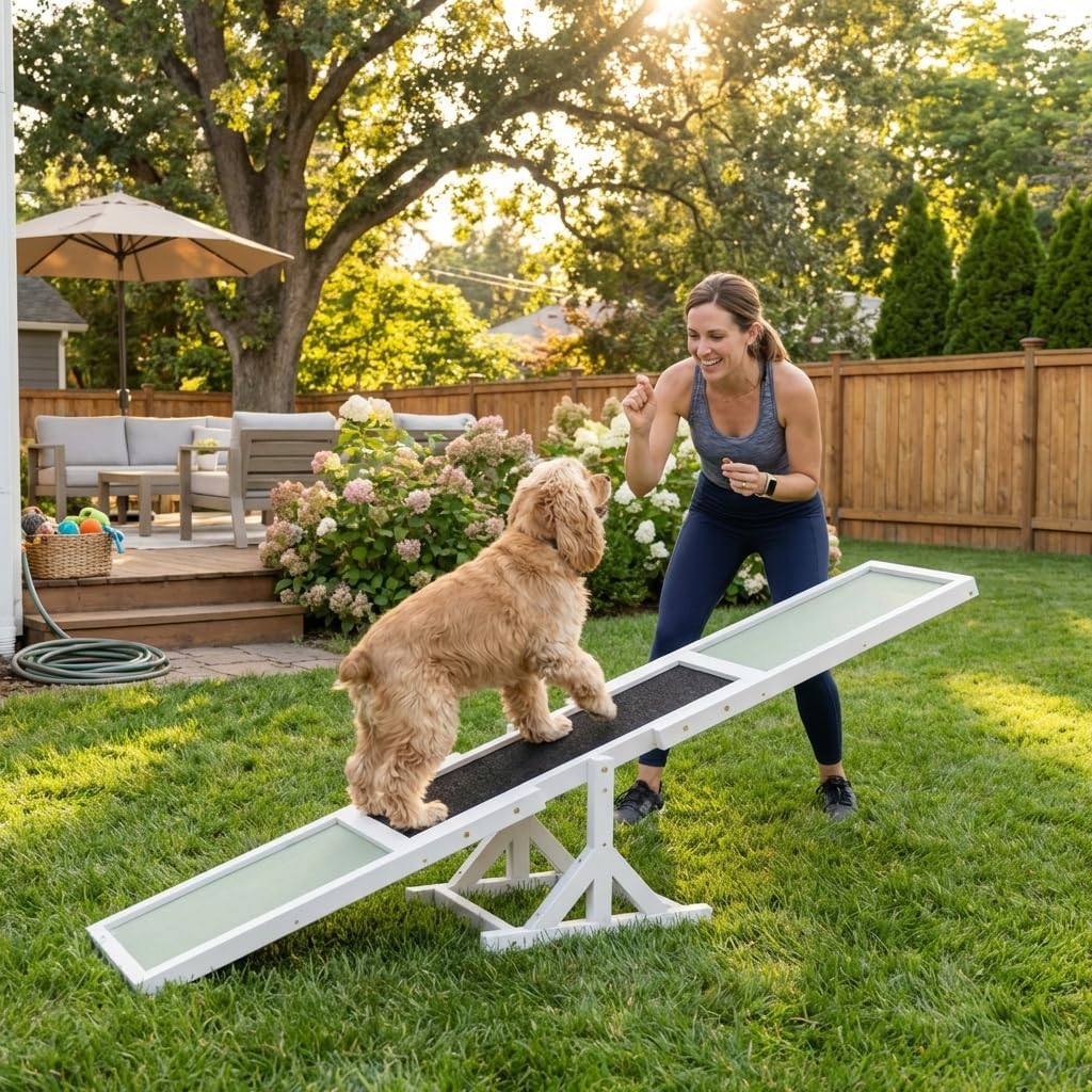 Wooden Agility Seesaw for Dogs, Pet Agility Seesaw, Adjustable Balance Training Equipment with Non-Slip Surface, for Puppy Obedience Practice and Outdoor Dog Sports