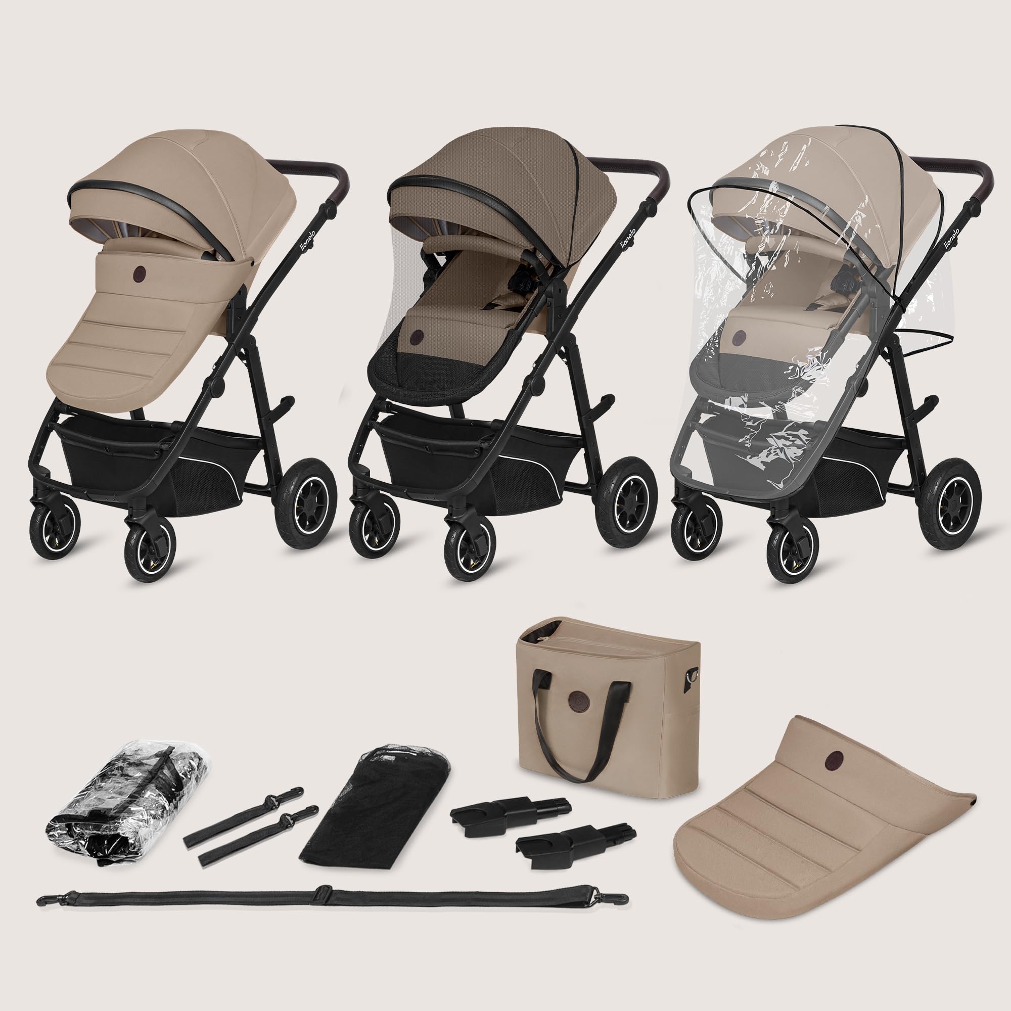 LIONELO BIANKA Cochecito de Bebé 3 en 1 (22 kg) Portabebés (9 kg) Silla de Coche (13 kg), Plegable, Sistema de Viaje Respaldo Ajustable Ruedas 360o Amortiguación, Capota XXL, Carrito de Bebe (Beige)
