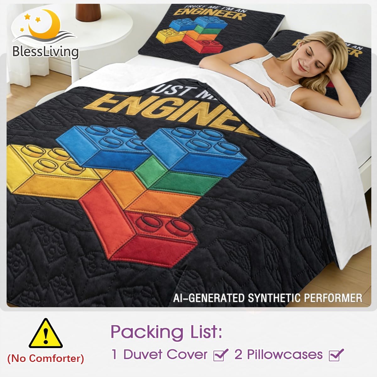 BlessLiving Engineer Duvet Cover Queen Size Set, Black Microfiber Bedding with Colorful Block Design and Trust Me I’m an Engineer Quote, Geek Bedroom Decor for STEM Students image 4