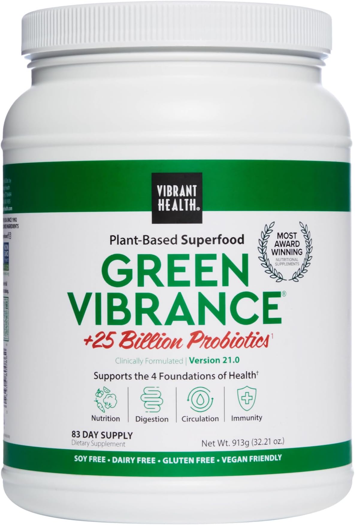 Vibrant Health - Green Vibrance, Plant-Based Superfood to Support Immunity, Digestion, and Energy with Over 70 Ingredients, 25 Billion Probiotics, Gluten Free, Non-GMO, Vegetarian, 84 Servings