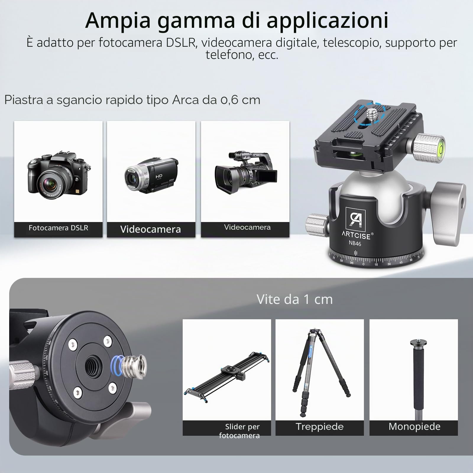 ARTCISE Testa a Sfera a Profilo Basso Tutto Metallo per Treppiede per Fotocamera Carico di 20kg con Piastra di Rilascio Rapido Tre Arca Swiss per Treppiede, Monopiede, DSLR, Fotocamera