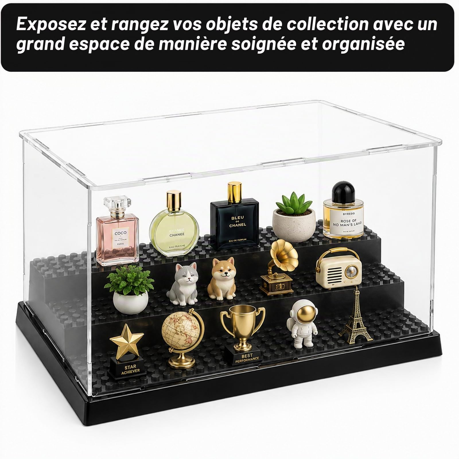 Lot de 2 vitrines en acrylique à 3 couches - 25 x 15,5 x 14 cm - Blocs de vitrine - En acrylique noir - Transparent - Étanche à la poussière - Pour collection de jouets