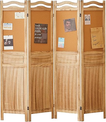 Divisor de habitación de madera con tablero de corcho, divisor de habitación de 4 paneles y pantallas de privacidad plegables de 5.6 pies, pantalla