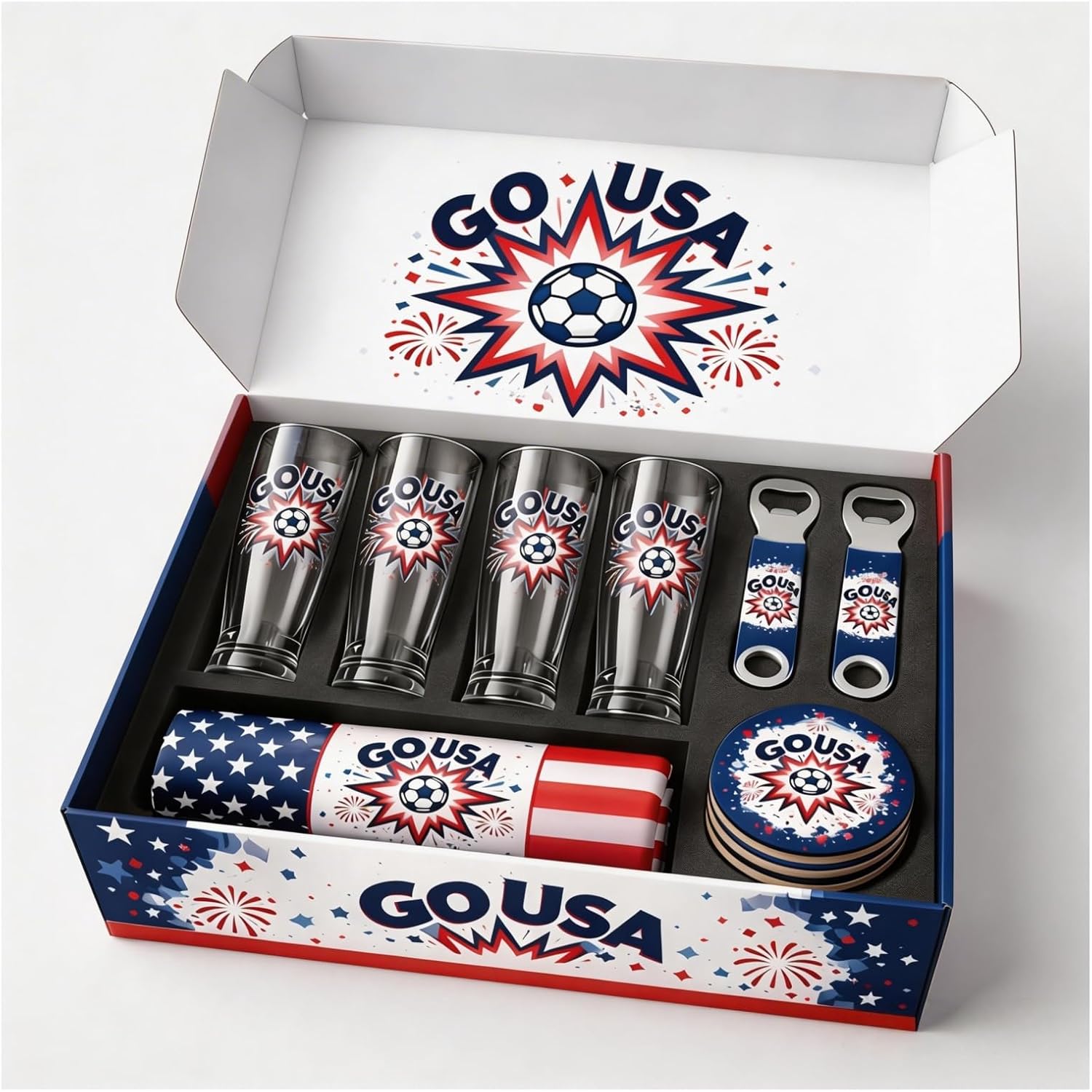 Patriotic Soccer Party Gift Set – 12-Piece Bundle with 4 Beer Glasses, 2 Tablecloths, 4 Coasters & 2 Bottle Openers, Red White Blue Game Day Party Supplies for USA Fans