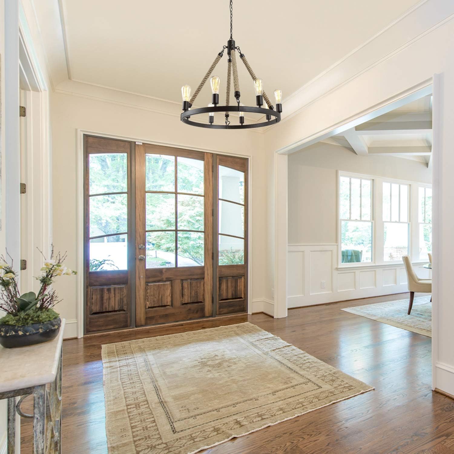 Up To 40% OFF GEPOW Farmhouse Rope Chandelier, Round Wagon Wheel Light Fixture for Dining Room, Living Room, Bedroom, Kitchen Island and Foyer