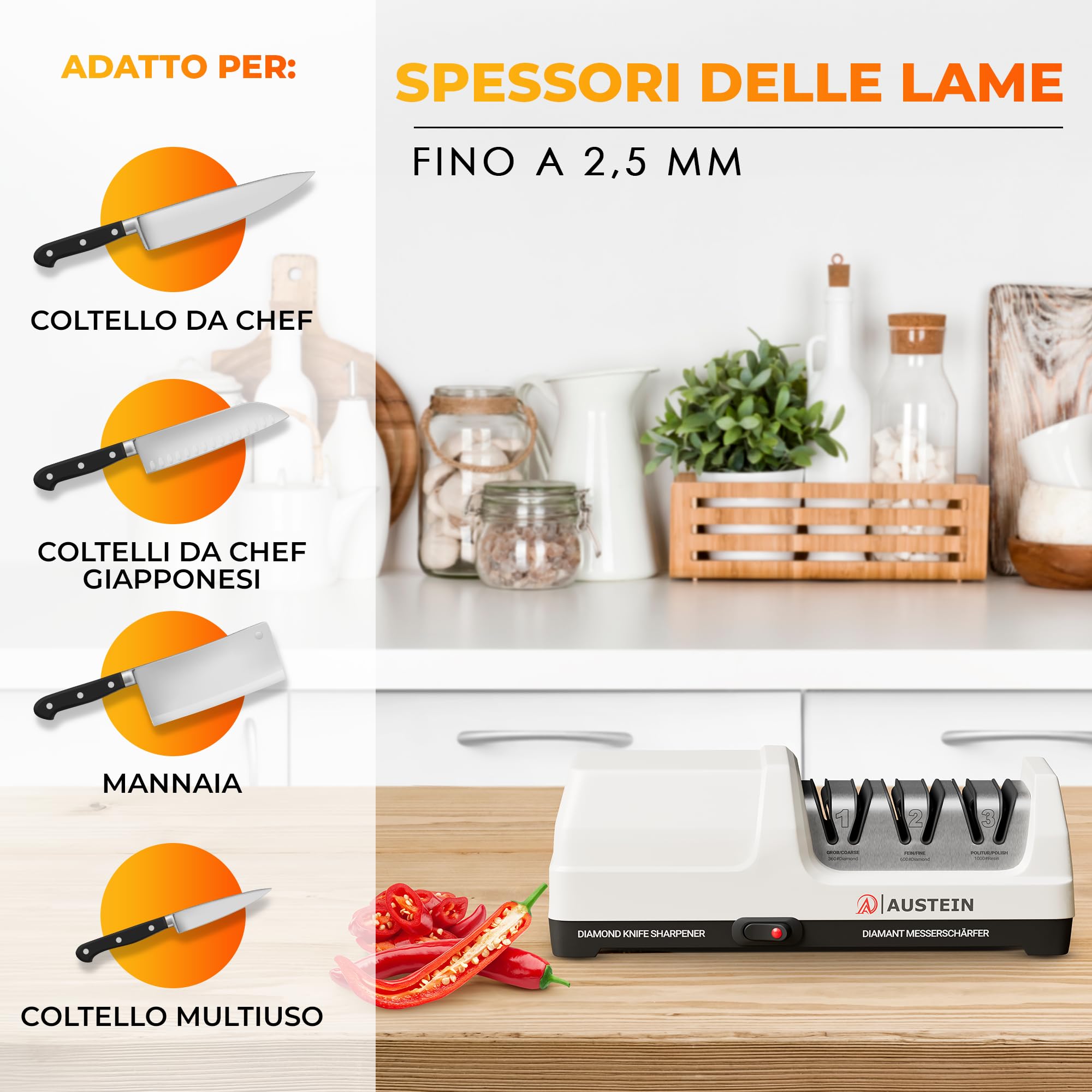 AUSTEIN Affilacoltelli elettrico Professionale al diamante TG2202 - con 3 Fasi Versatili, Mole diamantate Monocristalline, Affilatura Rapida, Motore Ultra Silenzioso, Protezione dal Surriscaldamento