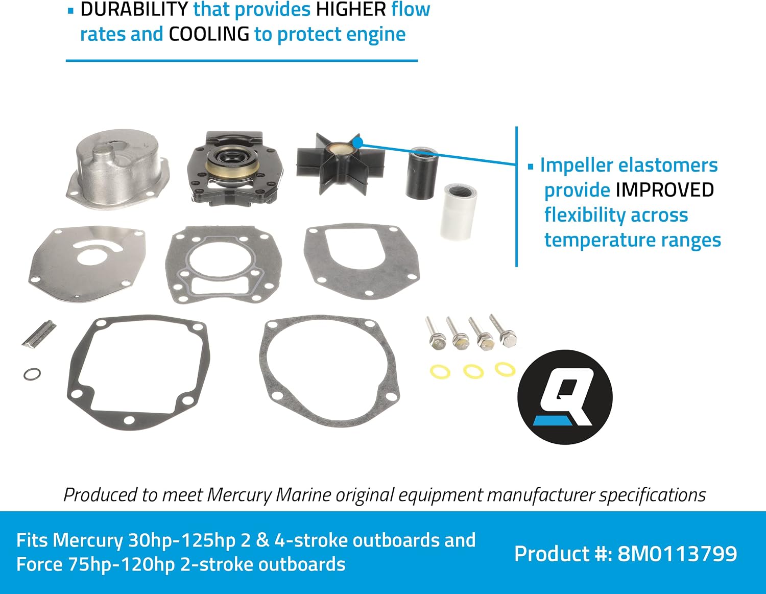 Quicksilver Water Pump Repair Kit 8M0113799 for Mercury 30-125 Hp 2-Stroke and 4-Stroke Outboards
