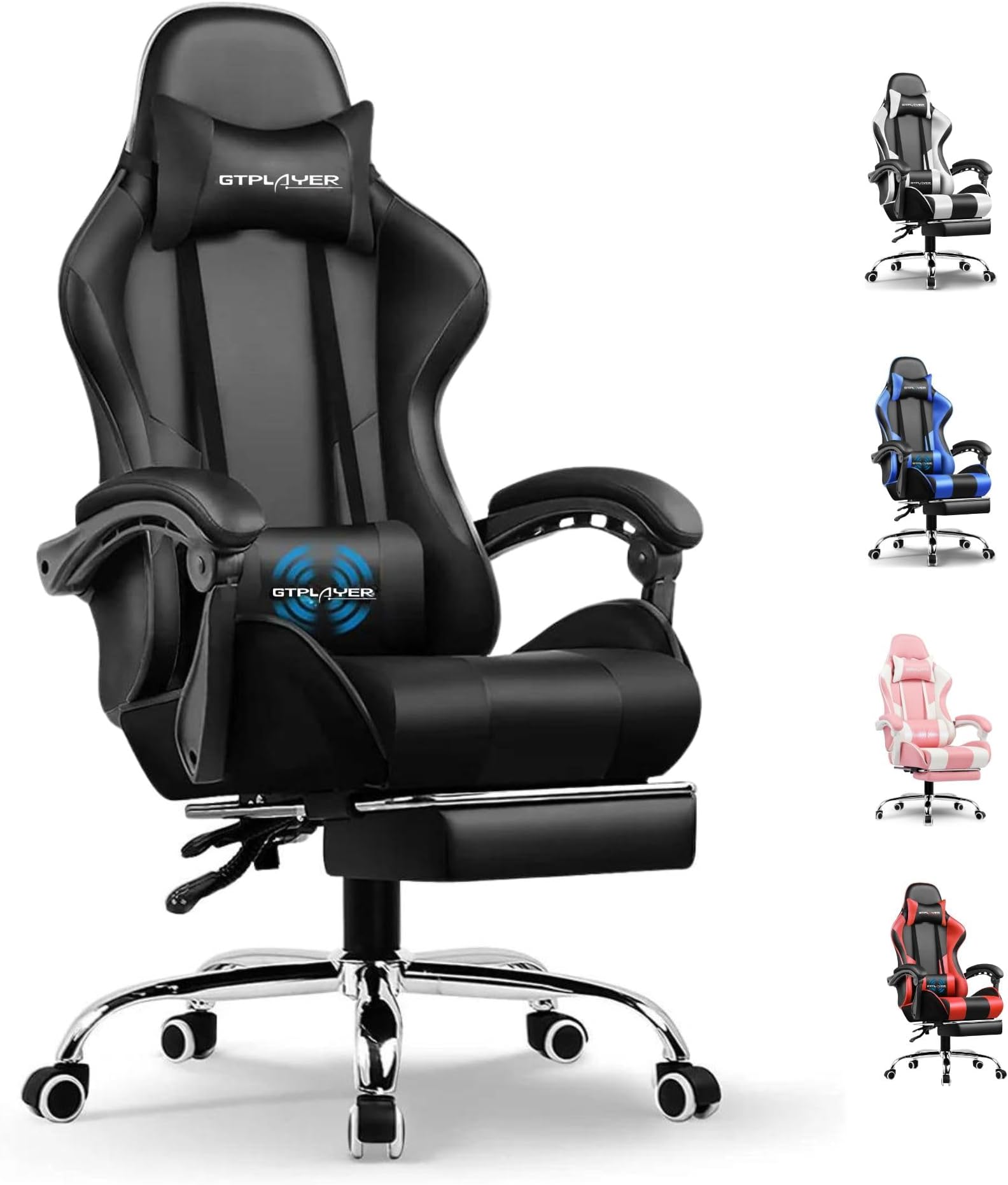 GTPLAYER #1USA Ergonomic Gaming Chair with USB Massage Cushion, Footrest & Armrests – PU Leather Computer Video Game Desk Chair with Adjustable Lumbar Support & Headrest (GCC, Black)