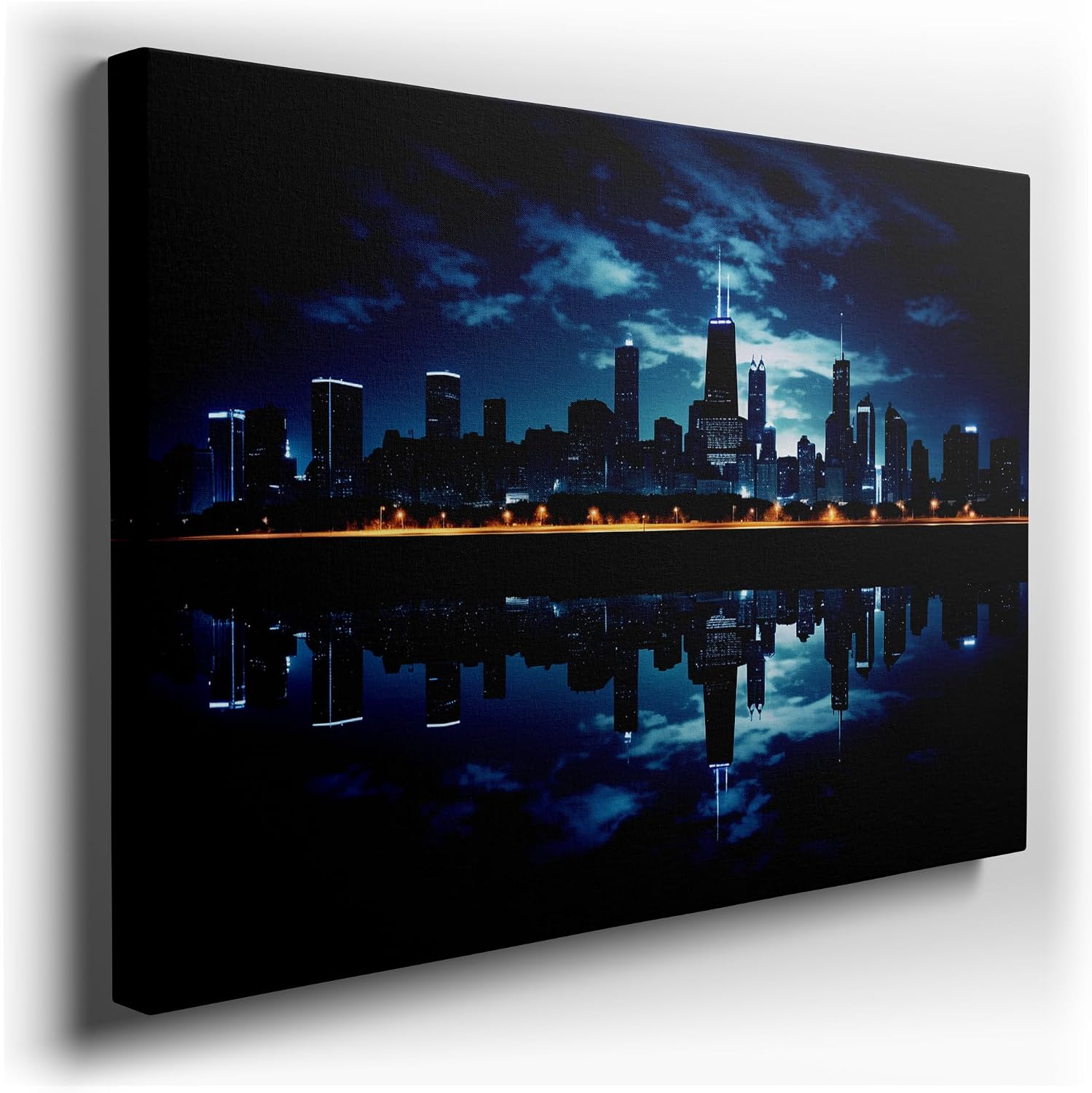 Canvas for Living room. Illuminated Elegance: Chicago's Skyline Mirror on Water by Night, 27 x 18 inch Canvas Wall Art - Contemporary Masterpieces - Modern Home Decor - 91x61 cm (36x24 inch)