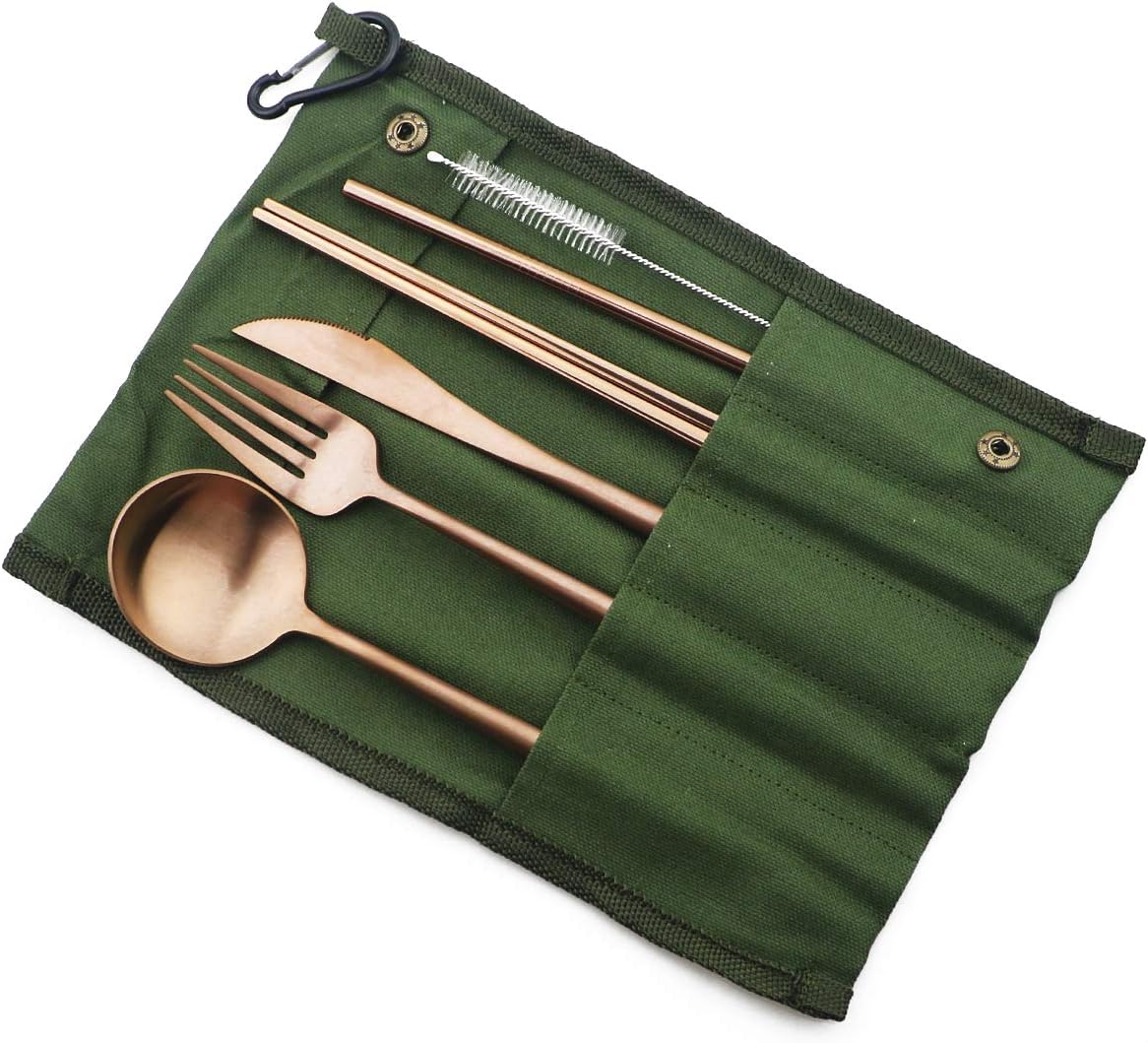 GugridaEco-friendly Matte Finish Flatware Sets 7 Pieces Cutlery Set Knife Fork Spoon 18/10 Stainless Steel Rose Gold Portable Travel Utensil Set for Travel/Camping Office Lunch with Green Carry Case