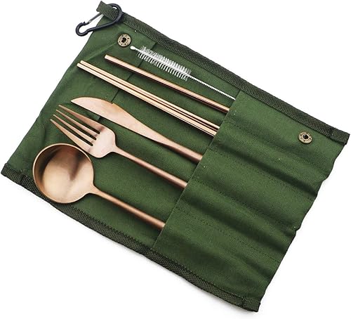 Gugrida Juego de cubiertos ecológicos con acabado mate, 7 piezas, cuchillo, tenedor, cuchara, acero inoxidable 1810, oro rosa, portátil, utensilios