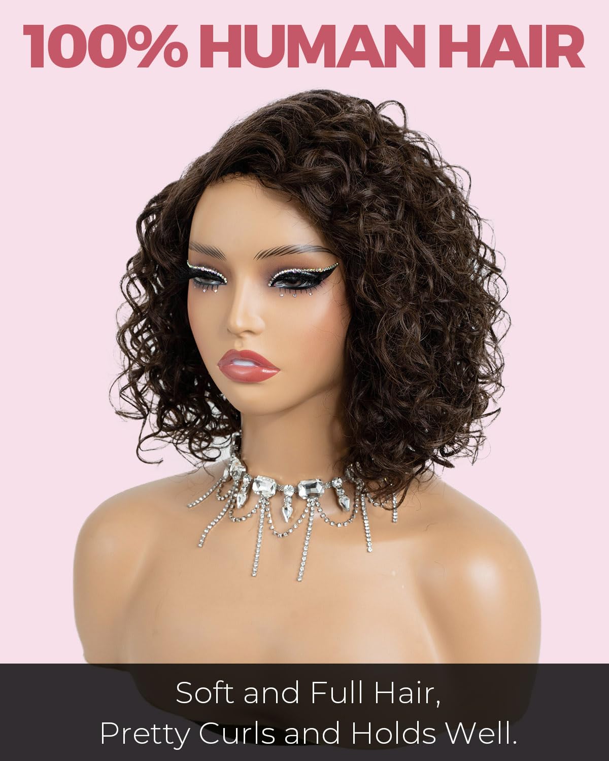 Style Icon Short Water Wave Wigs Human Hair Side Part Lace 12 inch Dark Brown Curly Bob Wigs Glueless Wear and Go Wig for Women C-Lace (Color:4) - Image 2