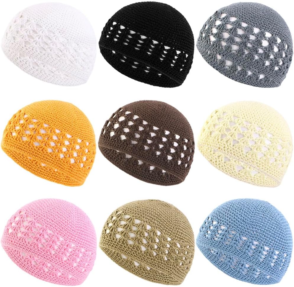 9 Pieces Knit Kufi Hats Crochet Beanie Skull Caps Stretchy Knitted Crochet Hat Cap for Muslim Women Men