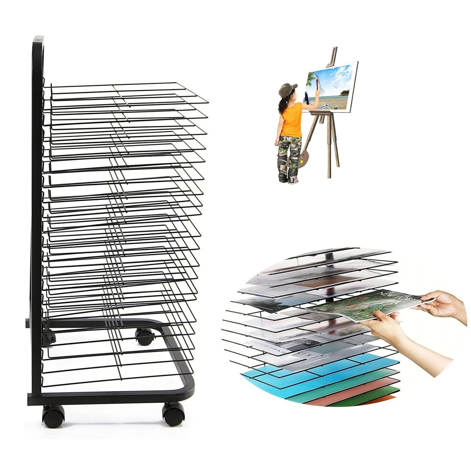 Aioneer Art Drying Rack - Mobile Metal Art Storage Rack, Art Organizer For Kids, Art Studio Organization And Storage, Artwork Tabletop Storage, Sturdy Paint Drying Rack With Lockable Whe,25 Layers