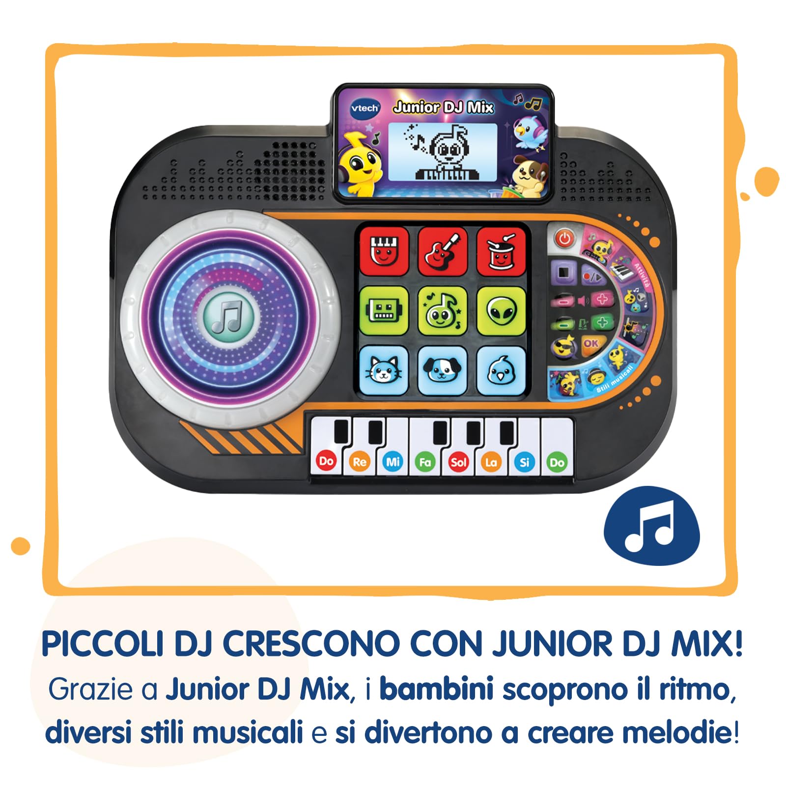 VTech Junior DJ Mix, Console da DJ per Bambini, Pulsante Registrazione, DJ Mix da Bambini con Tasti del Pianoforte, Schermo LCD e Piatto con Disco Luminoso, Lingua Italiana, Batterie Incluse, 3-7 Anni