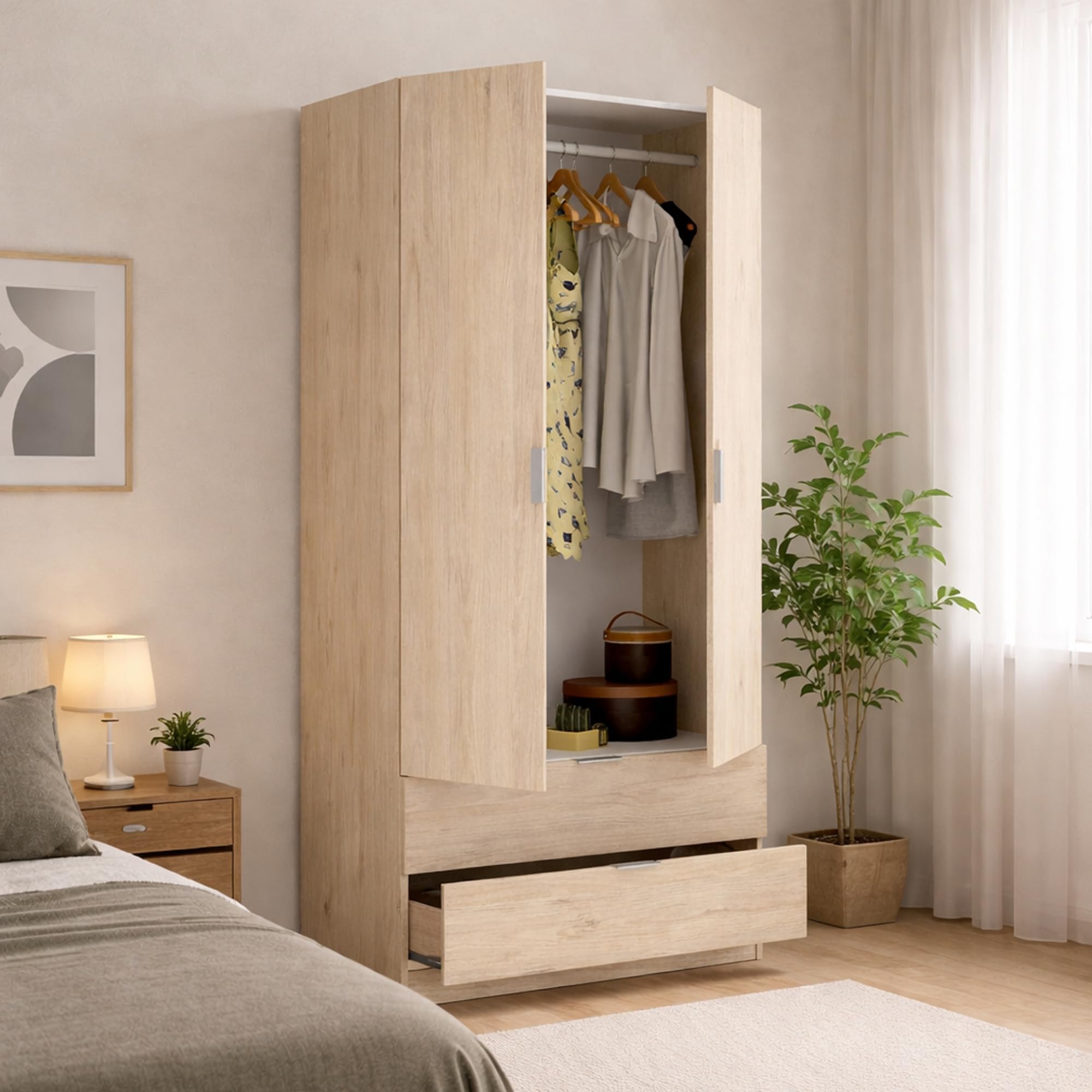 Dmora Guardaroba 2 Ante Pisanino 52x184h cm Marrone Rovere 2 Cassetti Appendiabiti Armadio Camera da Letto