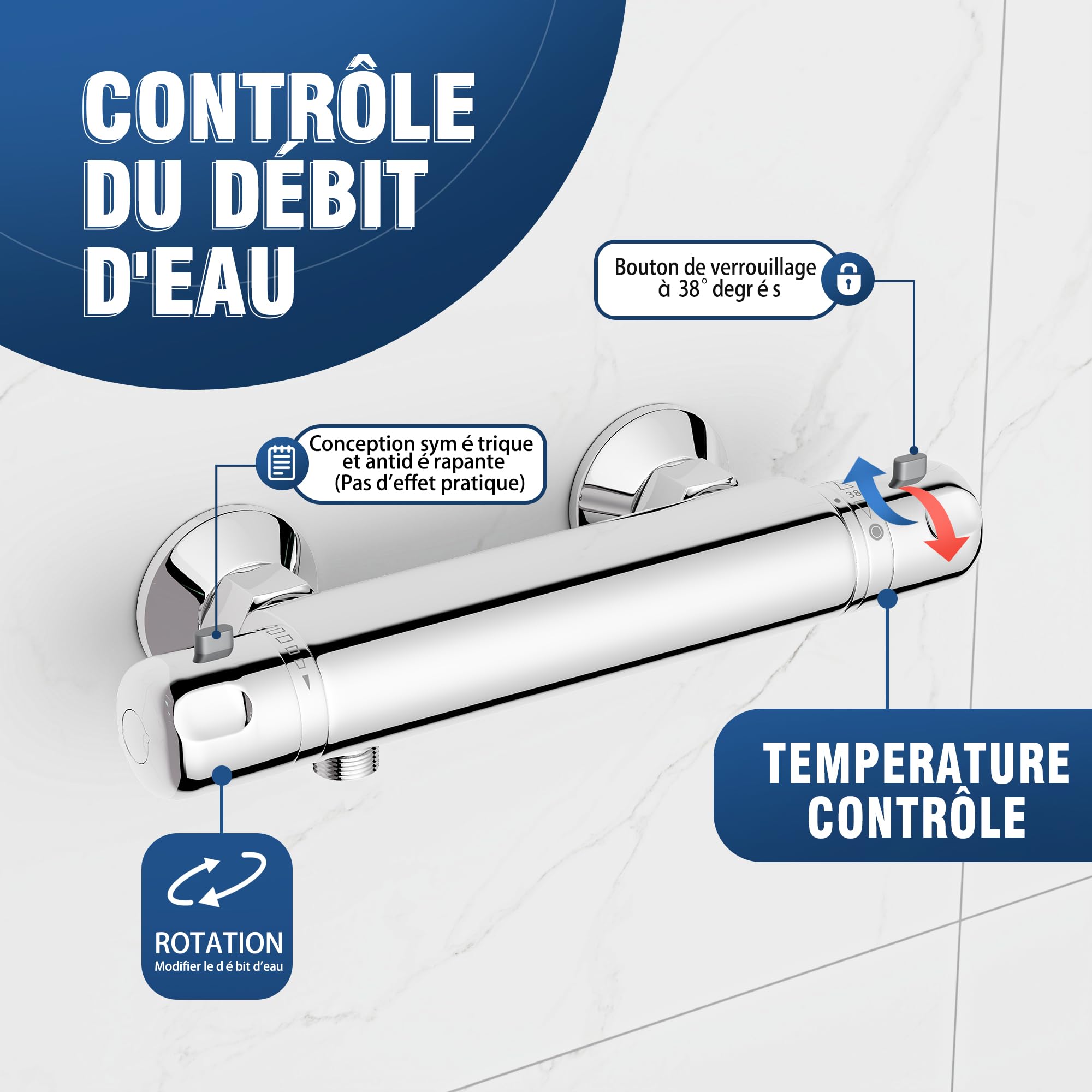 MORADO Mitigeur Douche Thermostatique,Robinet de Douch avec Bouton Sécurisé à 38°C,Salle de bain,chromé